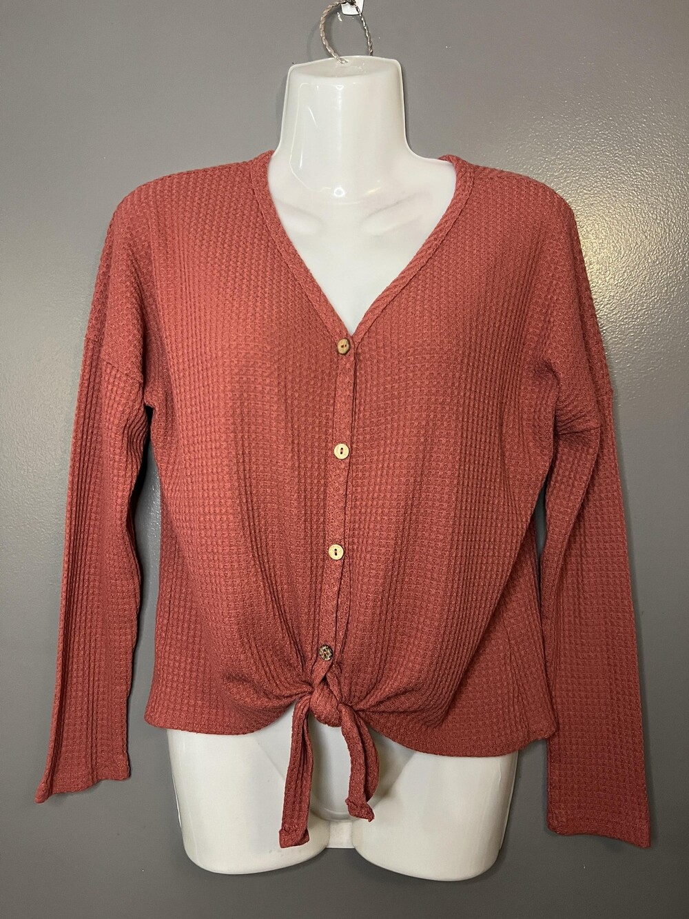 Lovemarks Shirt Womens Medium Red Waffle Knit Button Front Tie Long Sleeve Top